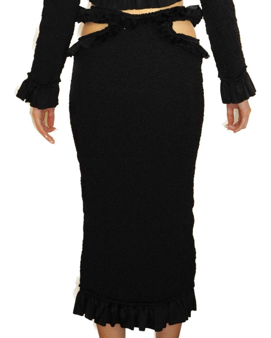 Alexander Wang Smocked Ruffle Long Skirt with Cutout